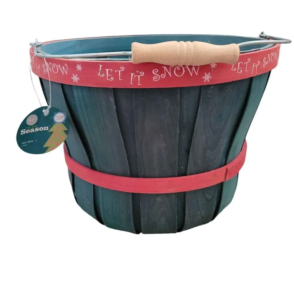 NWT Vintage 2003 Green and Red Let It Snow Bushel Basket